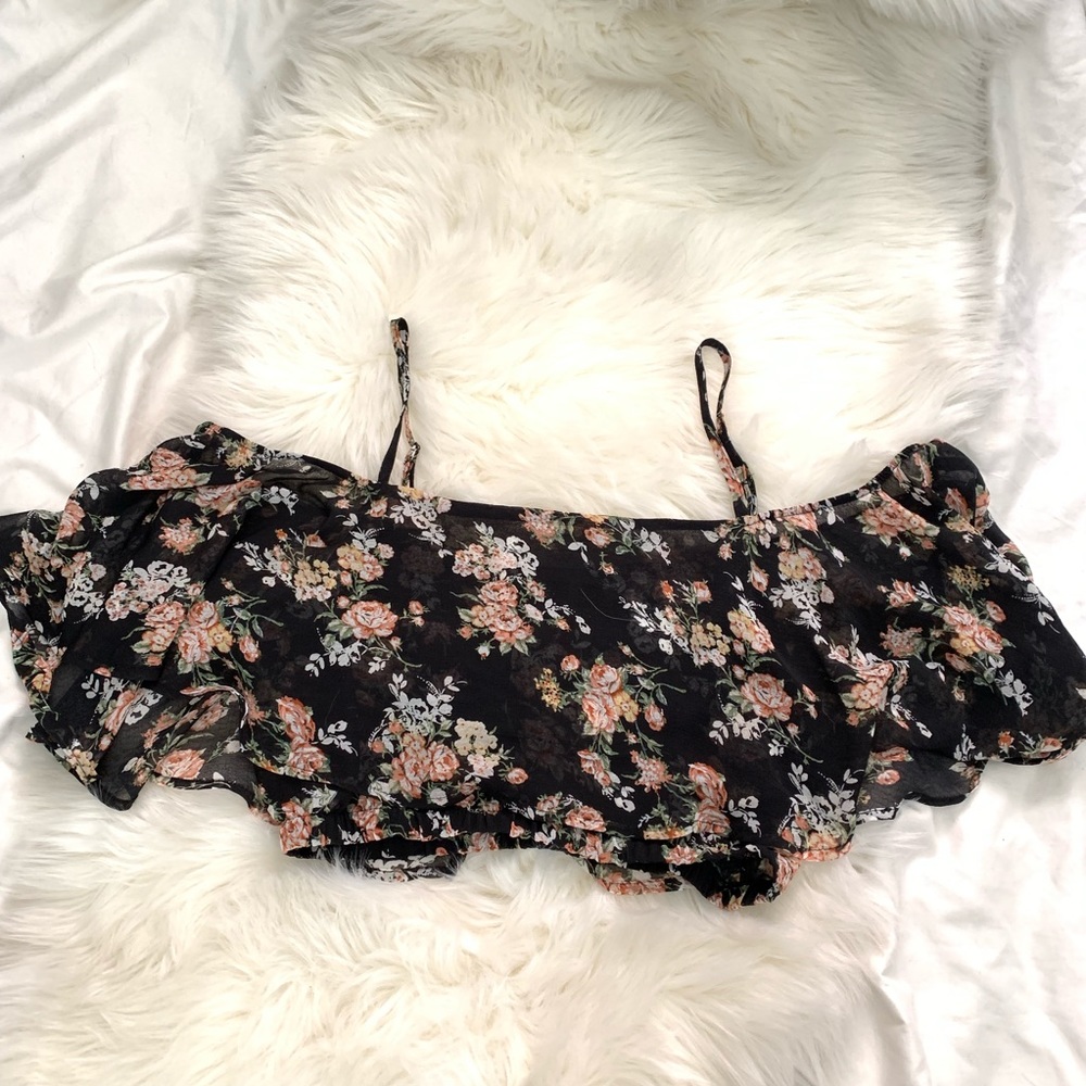 Black Floral Off Shoulder Crop Top